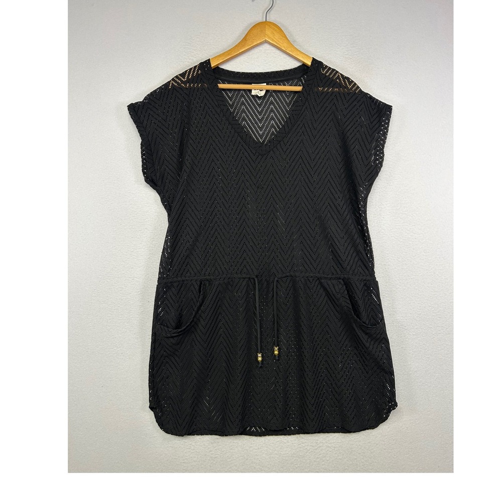 Resortwear Wave Zone Women M Black Chevron Crochet Knit Drawstring Swim Cover Up